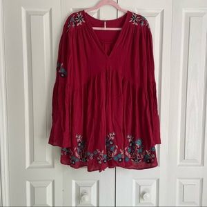 Free People Red Embroidered Tunic Top S